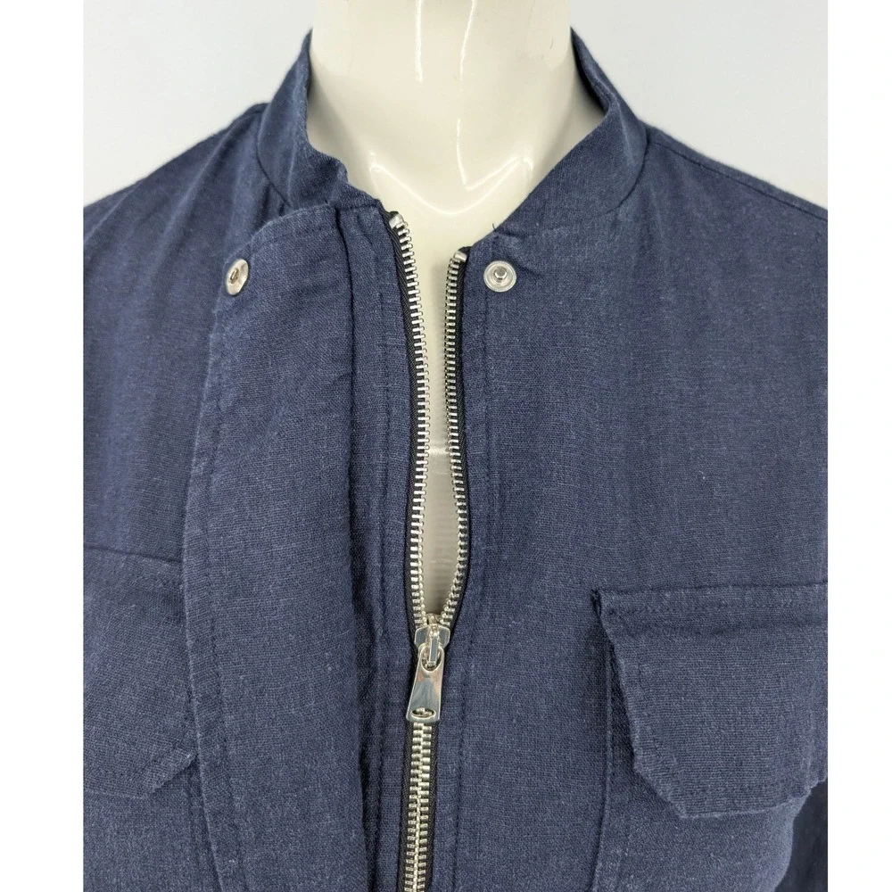 Zara Linen Blend Bomber Jacket Womens Navy Blue Utility Size S